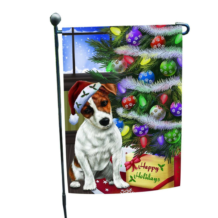 Christmas Happy Holidays Jack Russel Dog with Tree and Presents Garden Flag