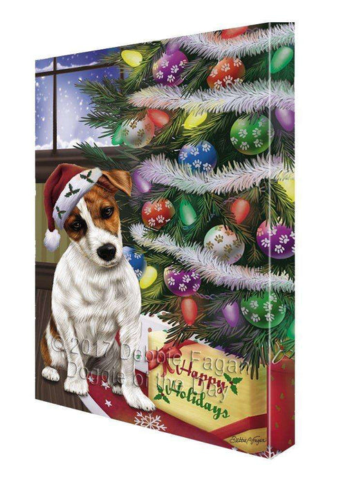 Christmas Happy Holidays Jack Russel Dog with Tree and Presents Painting Printed on Canvas Wall Art