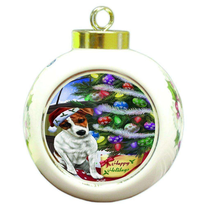 Christmas Happy Holidays Jack Russel Dog with Tree and Presents Round Ball Ornament D068