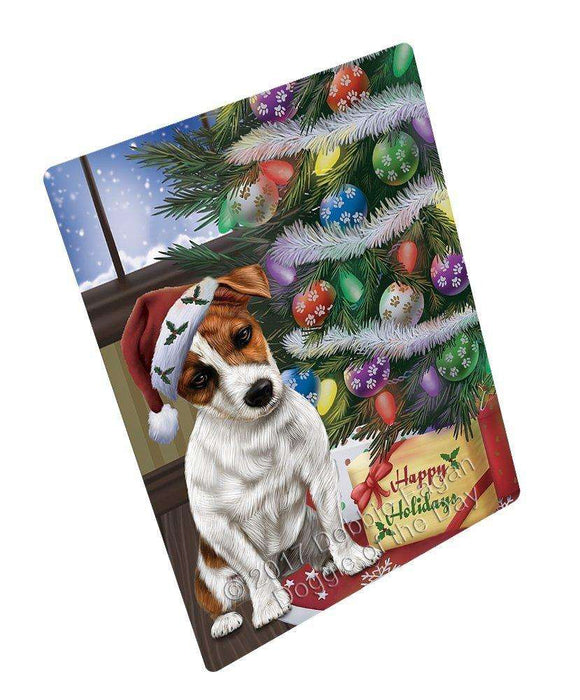 Christmas Happy Holidays Jack Russell Dog with Tree and Presents Art Portrait Print Woven Throw Sherpa Plush Fleece Blanket