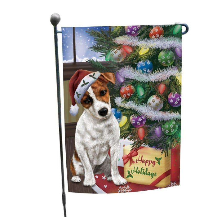 Christmas Happy Holidays Jack Russell Dog with Tree and Presents Garden Flag