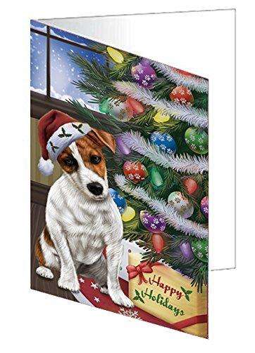 Christmas Happy Holidays Jack Russell Dog with Tree and Presents Handmade Artwork Assorted Pets Greeting Cards and Note Cards with Envelopes for All Occasions and Holiday Seasons