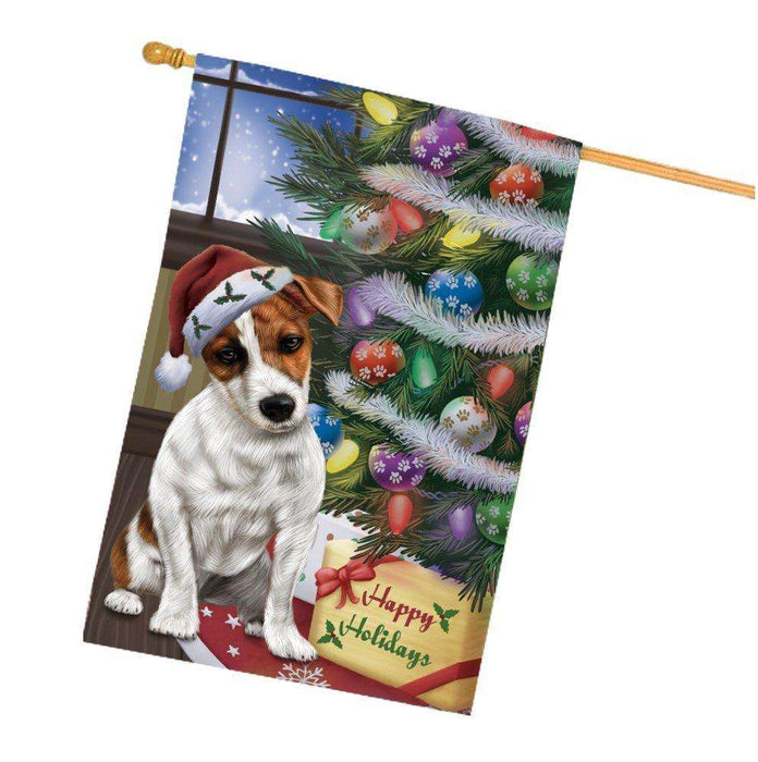 Christmas Happy Holidays Jack Russell Dog with Tree and Presents House Flag