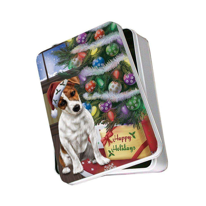 Christmas Happy Holidays Jack Russell Dog with Tree and Presents Photo Storage Tin