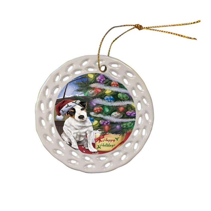 Christmas Happy Holidays Jack Russell Terrier Dog with Tree and Presents Ceramic Doily Ornament DPOR53836