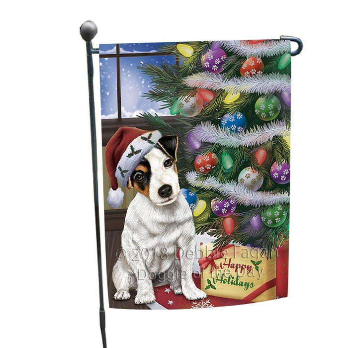 Christmas Happy Holidays Jack Russell Terrier Dog with Tree and Presents Garden Flag GFLG53898