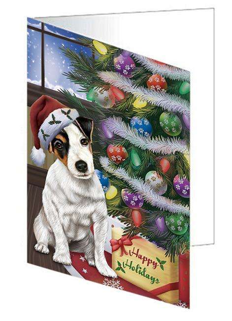 Christmas Happy Holidays Jack Russell Terrier Dog with Tree and Presents Handmade Artwork Assorted Pets Greeting Cards and Note Cards with Envelopes for All Occasions and Holiday Seasons GCD65537