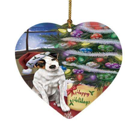 Christmas Happy Holidays Jack Russell Terrier Dog with Tree and Presents Heart Christmas Ornament HPOR53836