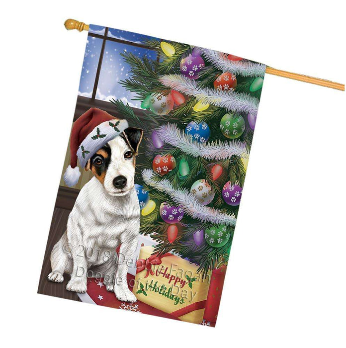 Christmas Happy Holidays Jack Russell Terrier Dog with Tree and Presents House Flag FLG54034