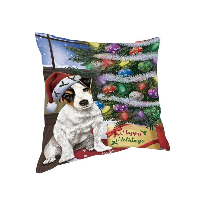 Christmas Happy Holidays Jack Russell Terrier Dog with Tree and Presents Pillow PIL71968