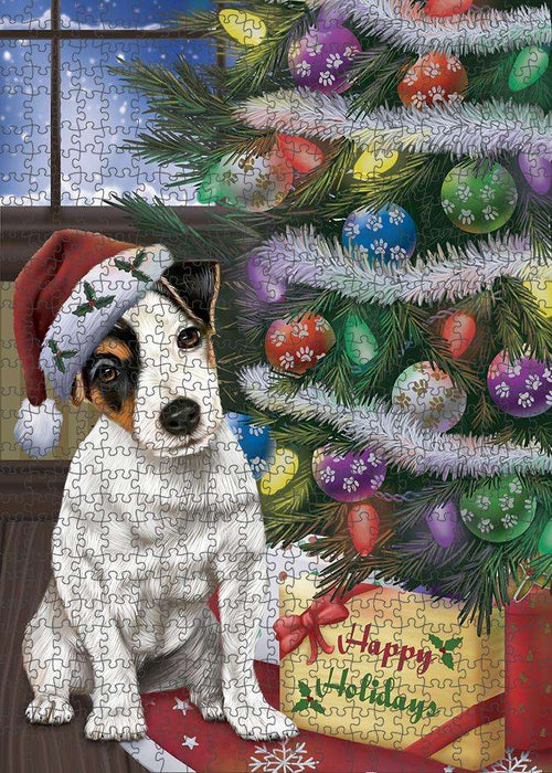 Christmas Happy Holidays Jack Russell Terrier Dog with Tree and Presents Puzzle with Photo Tin PUZL82500