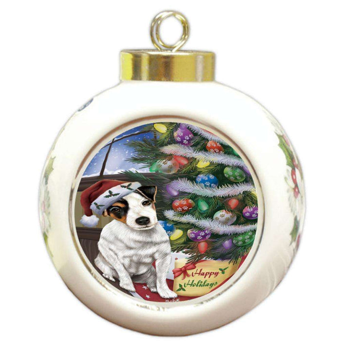 Christmas Happy Holidays Jack Russell Terrier Dog with Tree and Presents Round Ball Christmas Ornament RBPOR53836