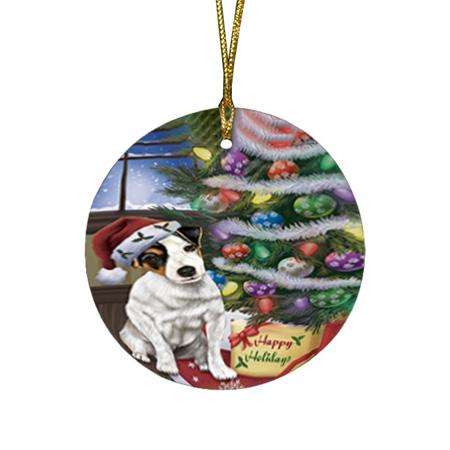 Christmas Happy Holidays Jack Russell Terrier Dog with Tree and Presents Round Flat Christmas Ornament RFPOR53827