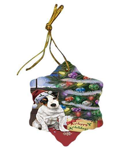 Christmas Happy Holidays Jack Russell Terrier Dog with Tree and Presents Star Porcelain Ornament SPOR53827