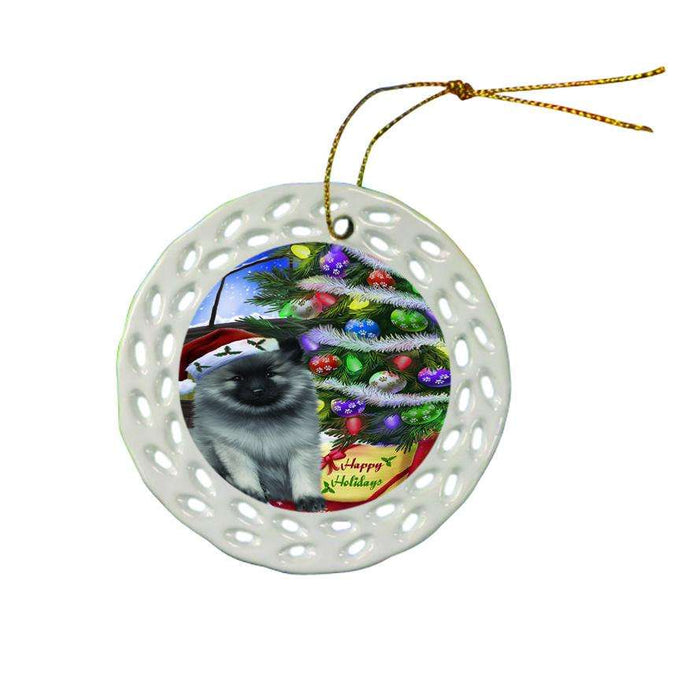 Christmas Happy Holidays Keeshond Dog with Tree and Presents Ceramic Doily Ornament DPOR53462