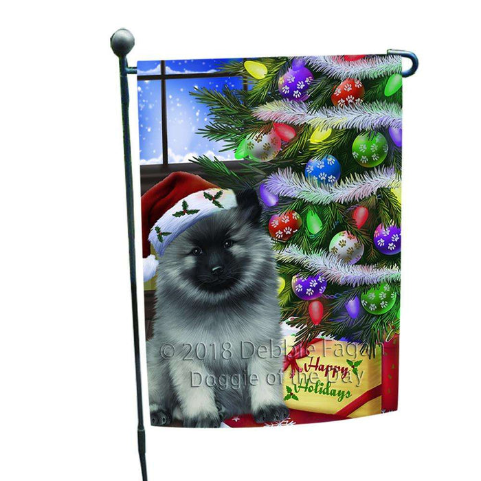 Christmas Happy Holidays Keeshond Dog with Tree and Presents Garden Flag GFLG53524