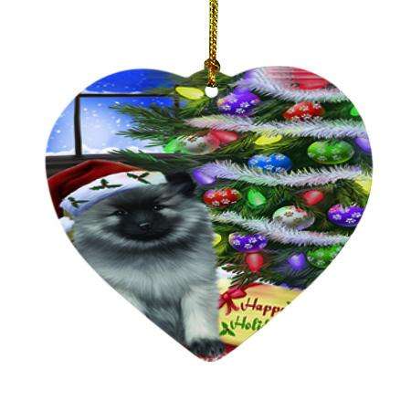 Christmas Happy Holidays Keeshond Dog with Tree and Presents Heart Christmas Ornament HPOR53462