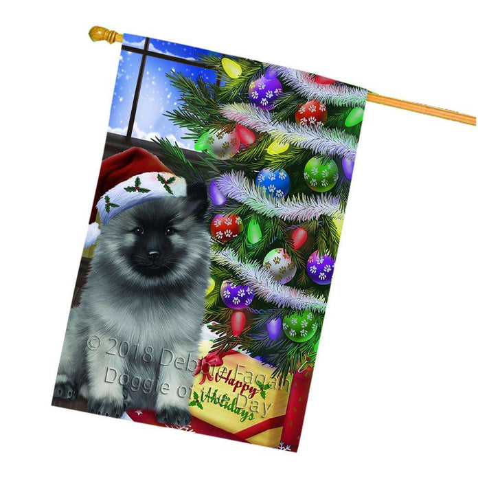 Christmas Happy Holidays Keeshond Dog with Tree and Presents House Flag FLG53660