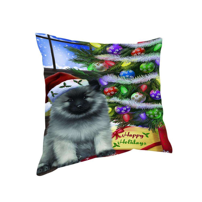 Christmas Happy Holidays Keeshond Dog with Tree and Presents Pillow PIL70472