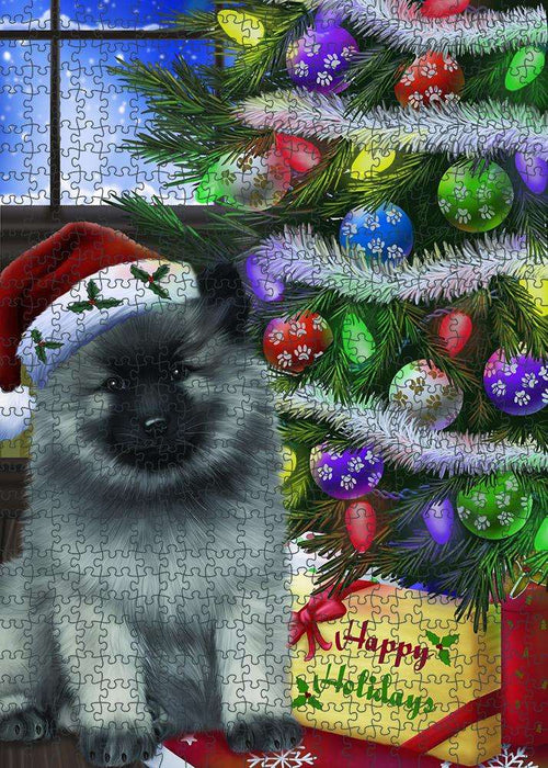 Christmas Happy Holidays Keeshond Dog with Tree and Presents Puzzle with Photo Tin PUZL81004