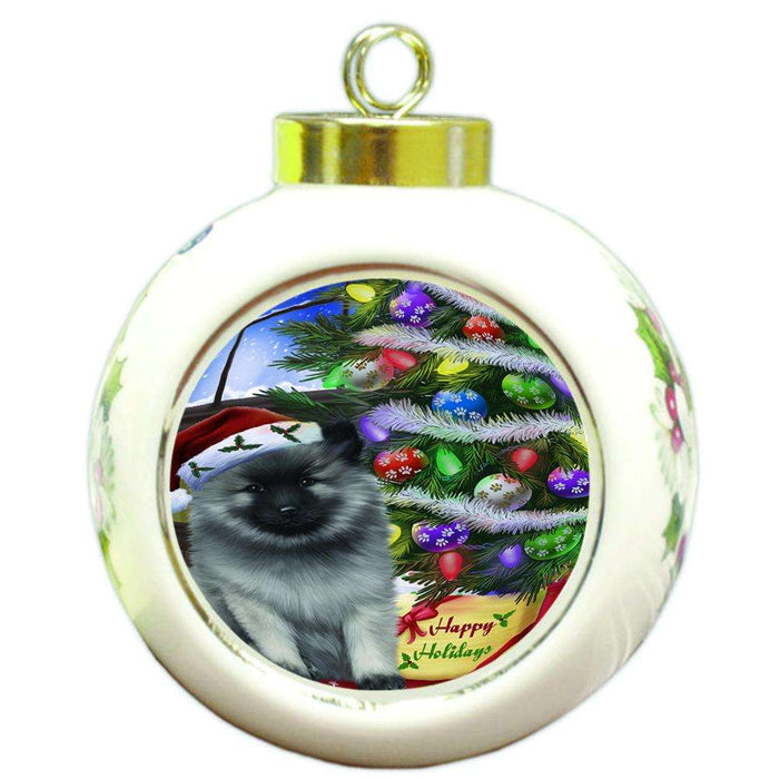 Christmas Happy Holidays Keeshond Dog with Tree and Presents Round Ball Christmas Ornament RBPOR53462