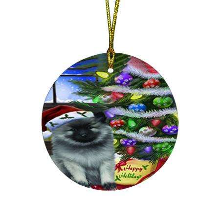 Christmas Happy Holidays Keeshond Dog with Tree and Presents Round Flat Christmas Ornament RFPOR53453
