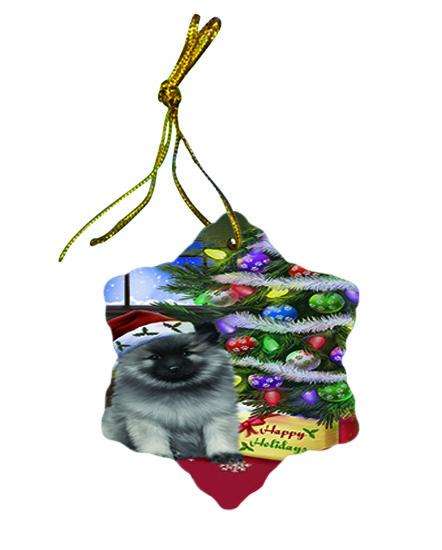 Christmas Happy Holidays Keeshond Dog with Tree and Presents Star Porcelain Ornament SPOR53453