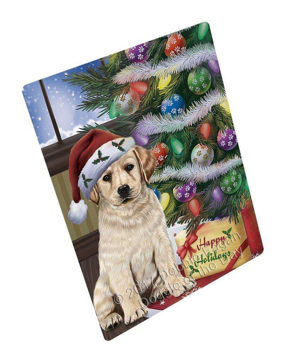 Christmas Happy Holidays Labrador Dog with Tree and Presents Art Portrait Print Woven Throw Sherpa Plush Fleece Blanket