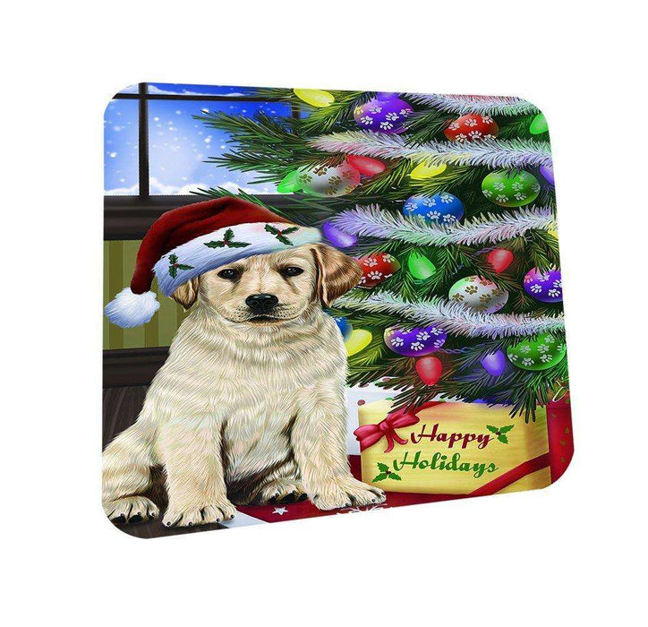 Christmas Happy Holidays Labrador Dog with Tree and Presents Coasters Set of 4