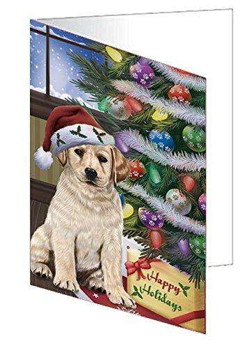 Christmas Happy Holidays Labrador Dog with Tree and Presents Handmade Artwork Assorted Pets Greeting Cards and Note Cards with Envelopes for All Occasions and Holiday Seasons