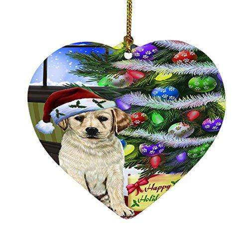 Christmas Happy Holidays Labrador Dog with Tree and Presents Heart Ornament D069