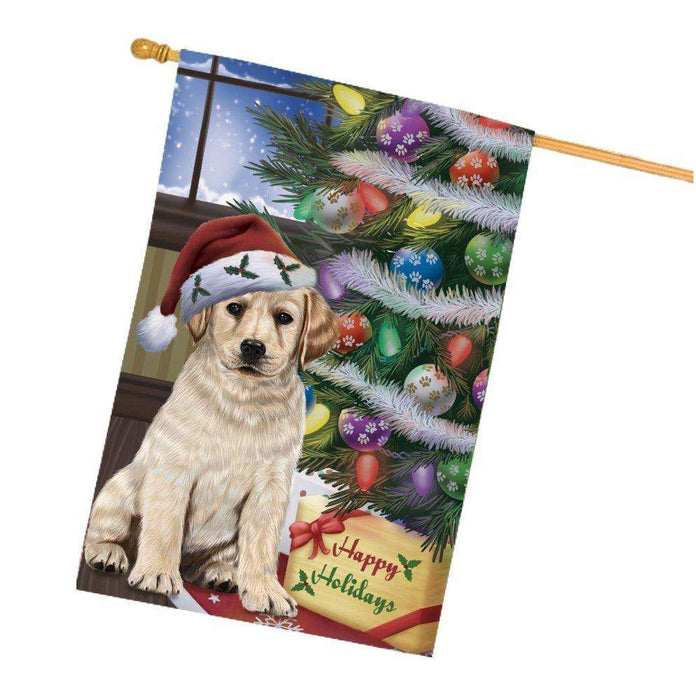 Christmas Happy Holidays Labrador Dog with Tree and Presents House Flag