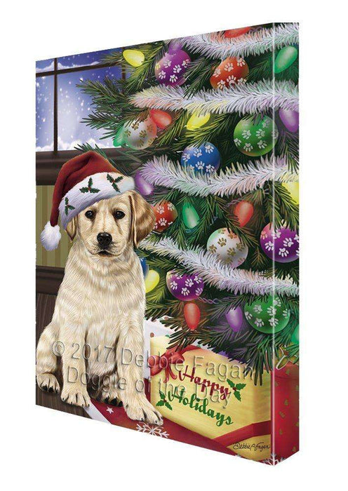 Christmas Happy Holidays Labrador Dog with Tree and Presents Painting Printed on Canvas Wall Art