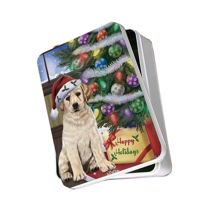 Christmas Happy Holidays Labrador Dog with Tree and Presents Photo Storage Tin