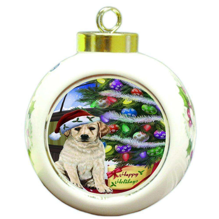 Christmas Happy Holidays Labrador Dog with Tree and Presents Round Ball Ornament D069