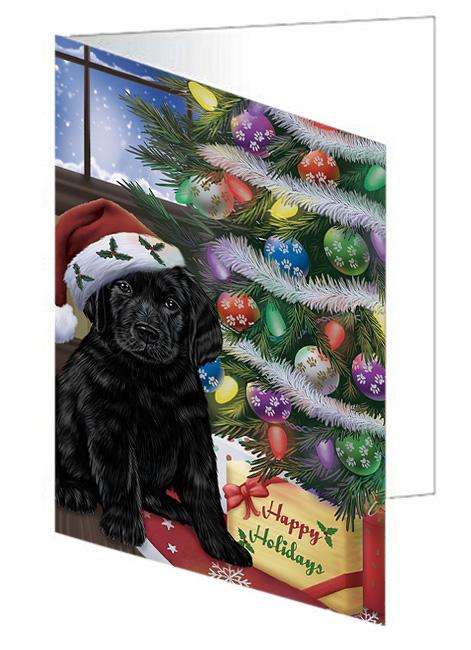 Christmas Happy Holidays Labrador Retriever Dog with Tree and Presents Handmade Artwork Assorted Pets Greeting Cards and Note Cards with Envelopes for All Occasions and Holiday Seasons GCD65540