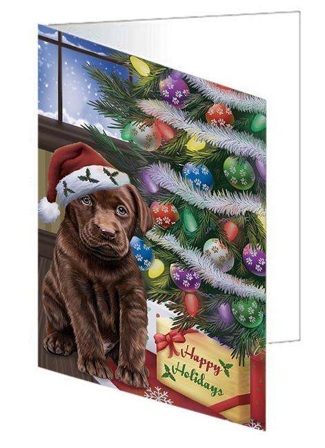 Christmas Happy Holidays Labrador Retriever Dog with Tree and Presents Handmade Artwork Assorted Pets Greeting Cards and Note Cards with Envelopes for All Occasions and Holiday Seasons GCD65543