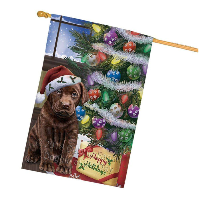 Christmas Happy Holidays Labrador Retriever Dog with Tree and Presents House Flag FLG54036
