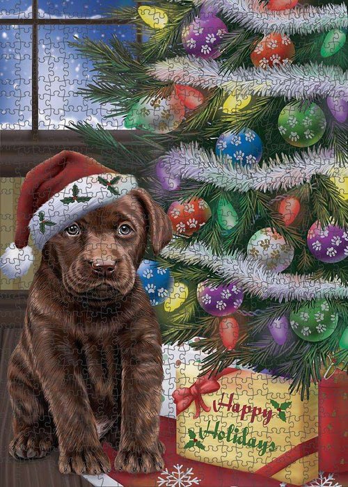 Christmas Happy Holidays Labrador Retriever Dog with Tree and Presents Puzzle with Photo Tin PUZL82508