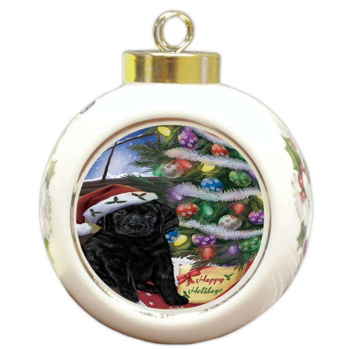 Christmas Happy Holidays Labrador Retriever Dog with Tree and Presents Round Ball Christmas Ornament RBPOR53837