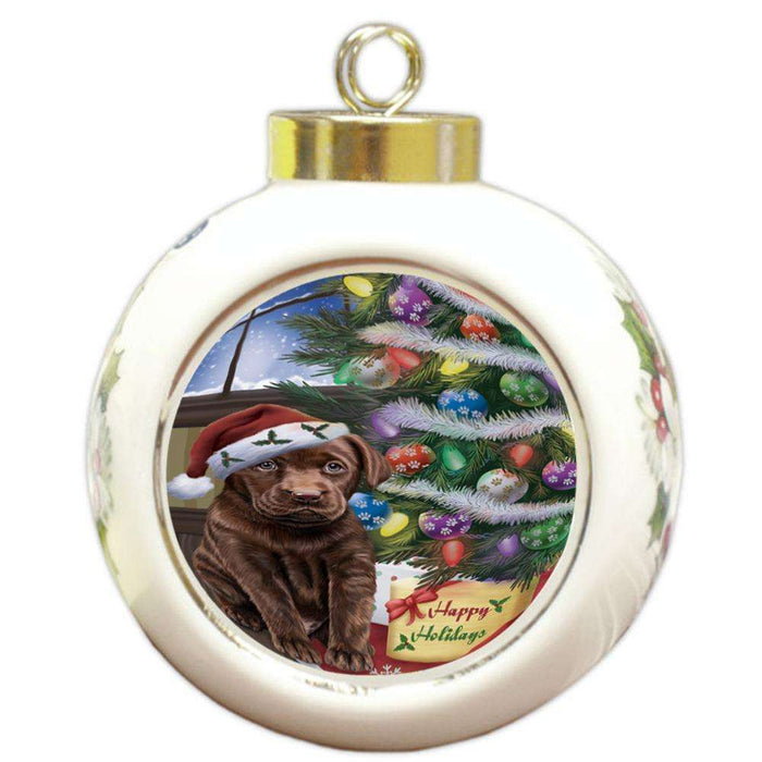 Christmas Happy Holidays Labrador Retriever Dog with Tree and Presents Round Ball Christmas Ornament RBPOR53838