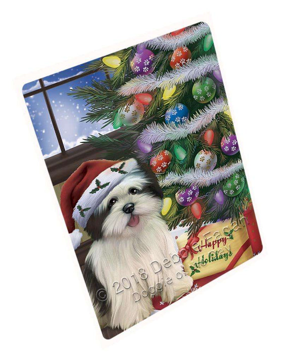 Christmas Happy Holidays Lhasa Apso Dog with Tree and Presents Blanket BLNKT101892