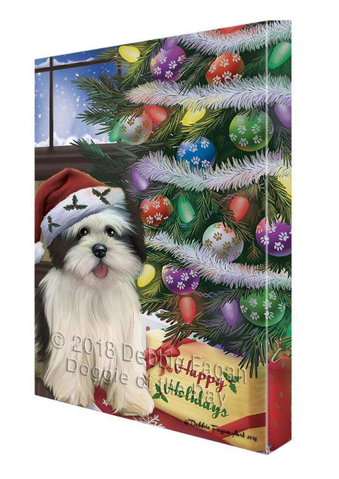 Christmas Happy Holidays Lhasa Apso Dog with Tree and Presents Canvas Print Wall Art Décor CVS102401
