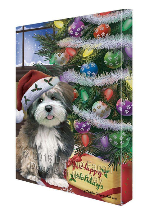 Christmas Happy Holidays Lhasa Apso Dog with Tree and Presents Canvas Print Wall Art Décor CVS102410