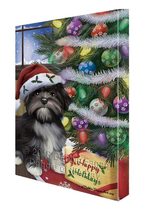 Christmas Happy Holidays Lhasa Apso Dog with Tree and Presents Canvas Print Wall Art Décor CVS102419