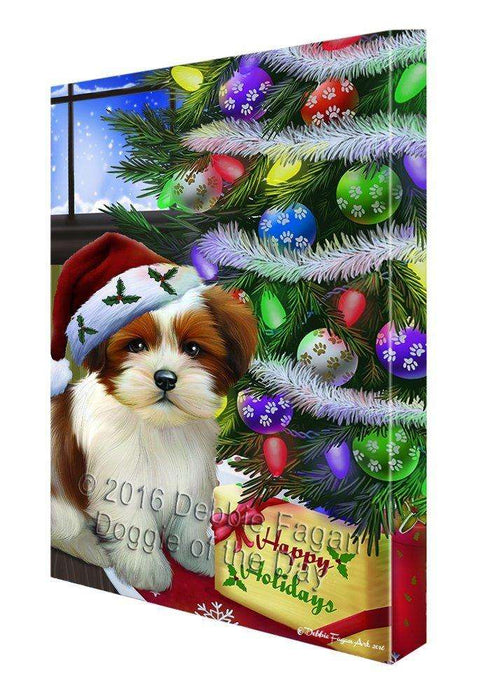 Christmas Happy Holidays Lhasa Apso Dog with Tree and Presents Canvas Wall Art