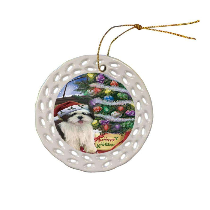 Christmas Happy Holidays Lhasa Apso Dog with Tree and Presents Ceramic Doily Ornament DPOR53839