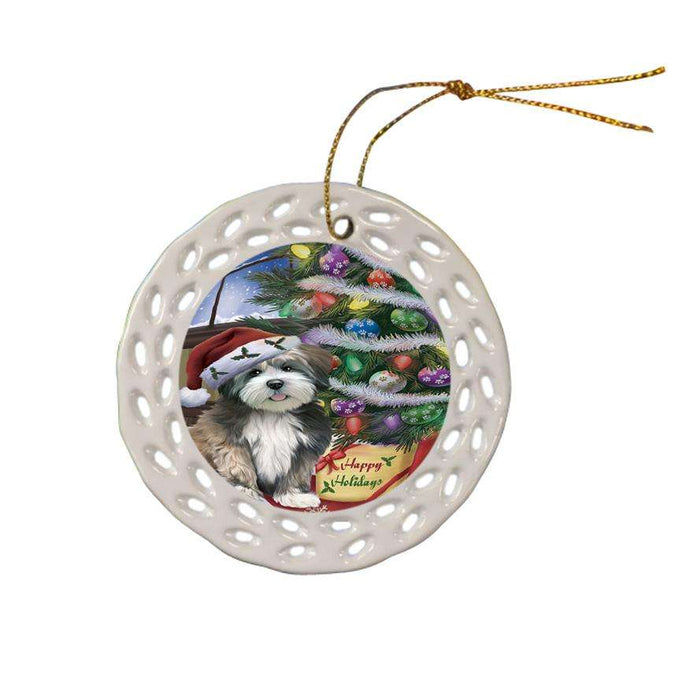 Christmas Happy Holidays Lhasa Apso Dog with Tree and Presents Ceramic Doily Ornament DPOR53840