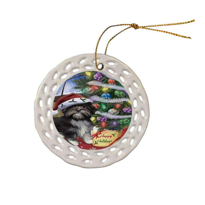 Christmas Happy Holidays Lhasa Apso Dog with Tree and Presents Ceramic Doily Ornament DPOR53841