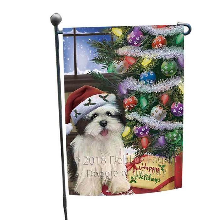 Christmas Happy Holidays Lhasa Apso Dog with Tree and Presents Garden Flag GFLG53901